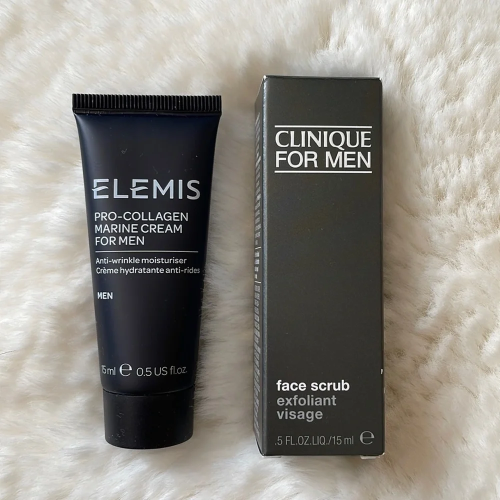 Men’s skincare bundle Elemis cream and Clinique scrub